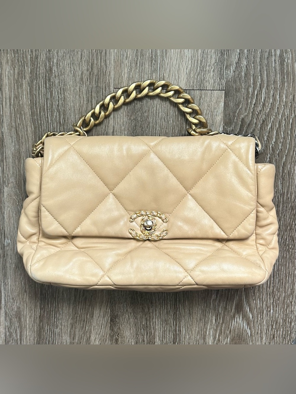 Chanel 19 Flap Bag Large Lambskin Quilted Leather Beige Gold Silver Strap CC